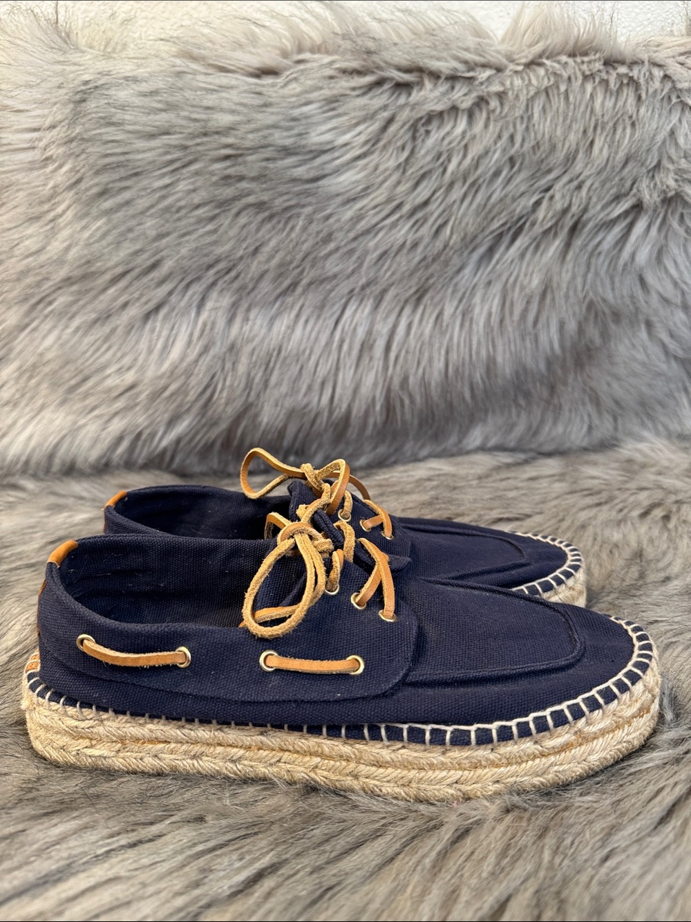 Tory Burch Navy Canvas Boat Shoes with Tan Laces Size 8